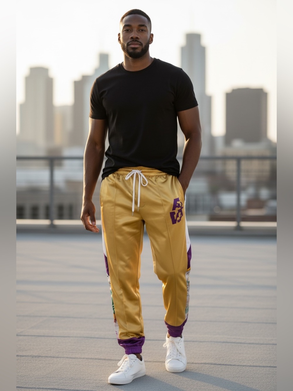 NEW AlphaStyle Yowl Yellow Colorblock Parachute Satin Jogger Pants Size L